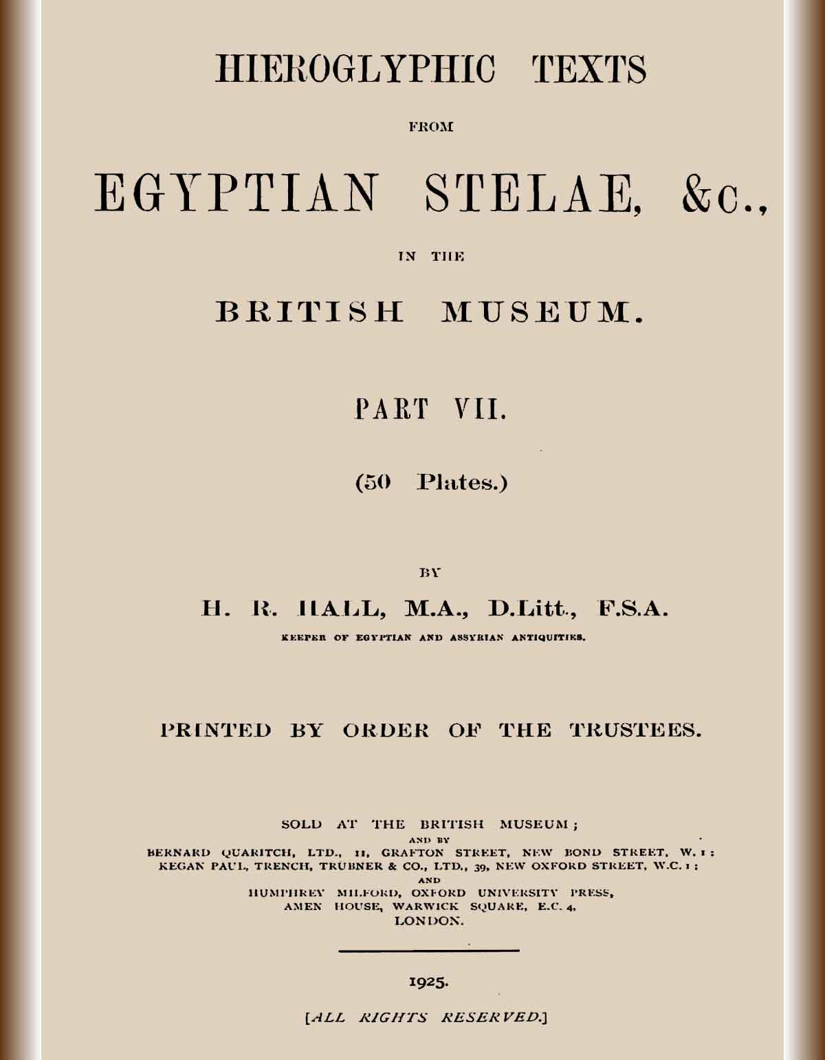 Hieroglyphic texts from Egyptian stelae, &c., in the British Museum. Part 7-cover